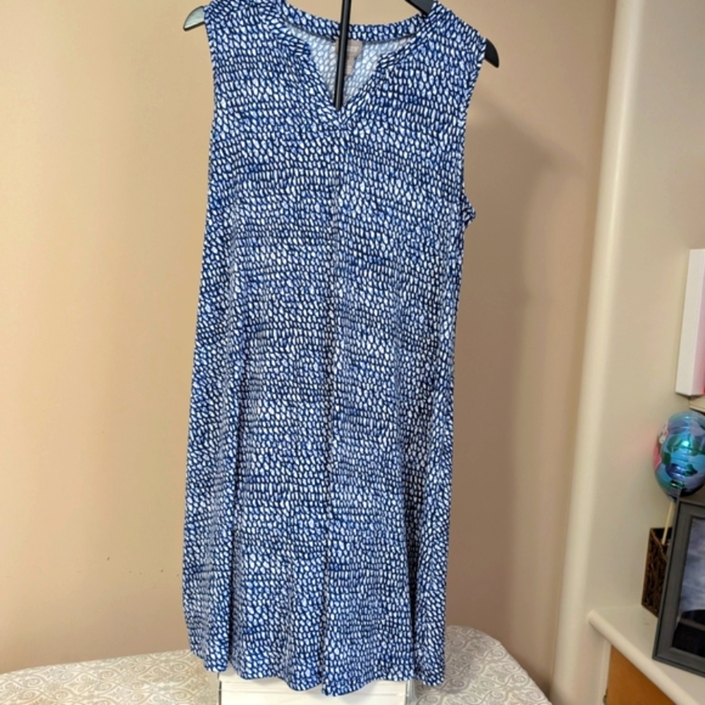 Chicos Bumpy Rocks Notch-Neck Blue & White Patterned Sleeveless Dress Size 2 (L)